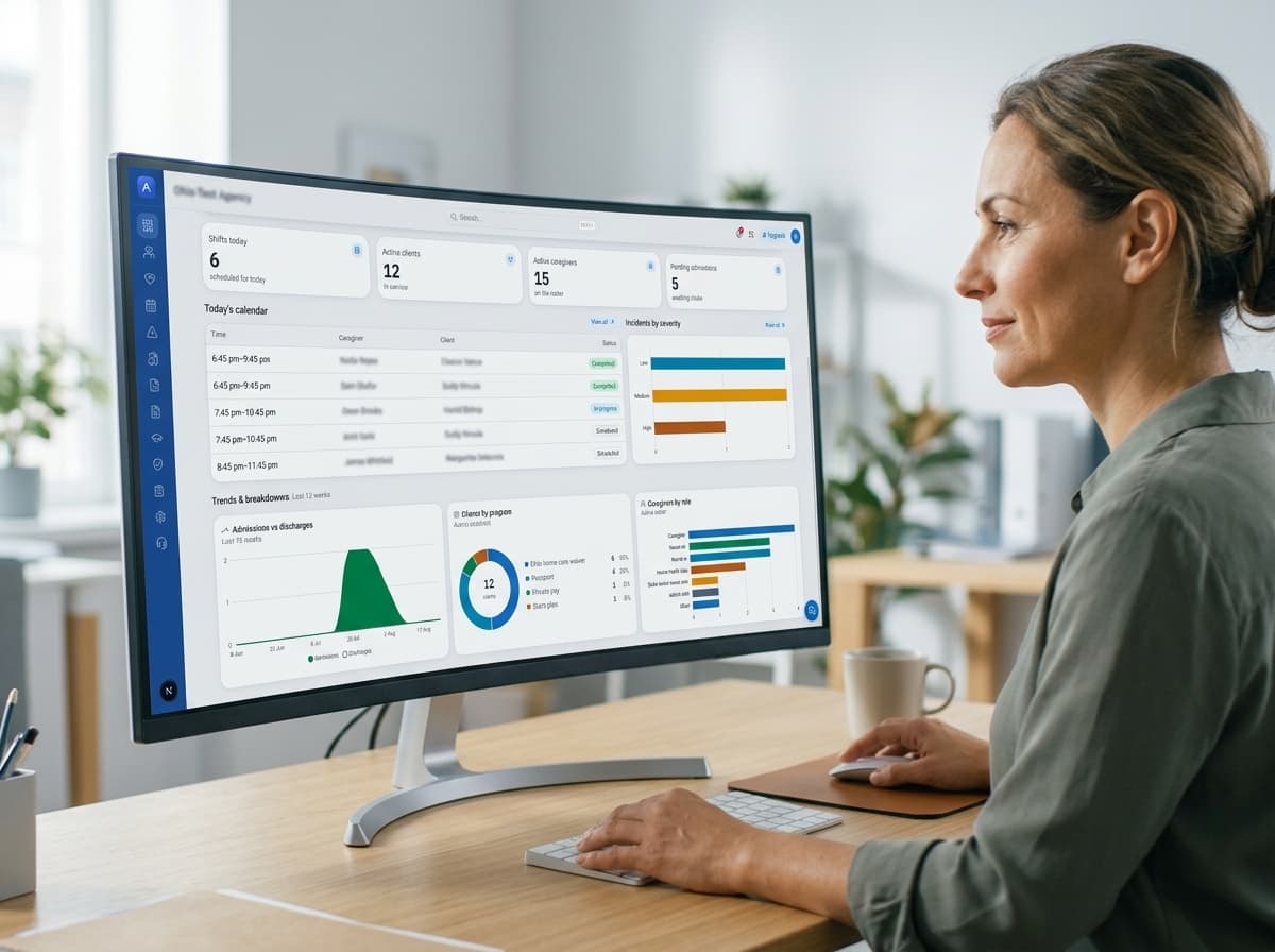 Agency administrator reviewing the Align Care Hub dashboard on a monitor